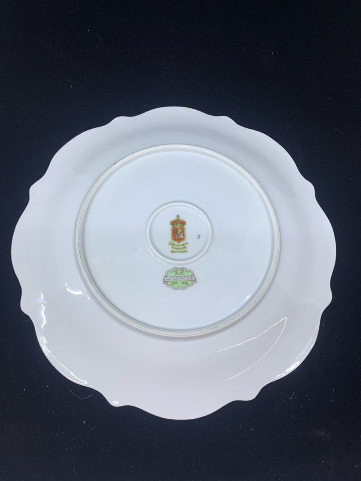 VTG PINK FLOWERS, GOLD SCALLOP RIM SERVING PLATE.