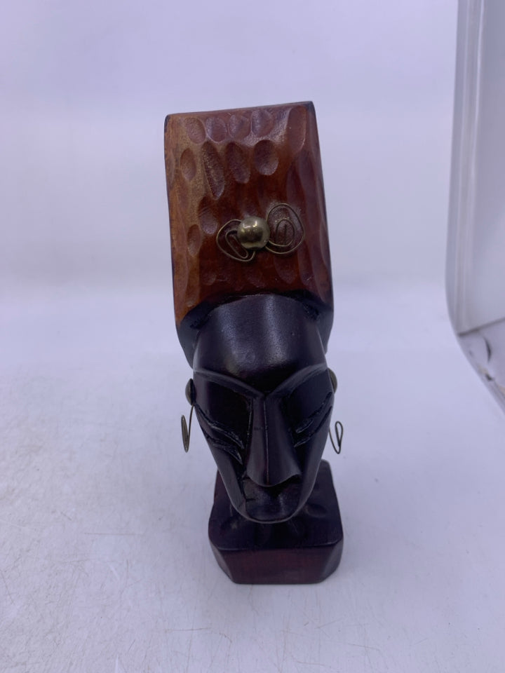 DARK GLOSSY CARVED WOOD HEAD W/ METAL DANGLE EARRINGS FOLK ART.