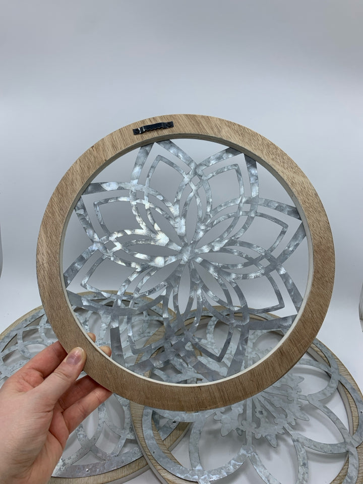 3PC ROUND WOOD AND METAL MANDALA WALL HANGINGS.