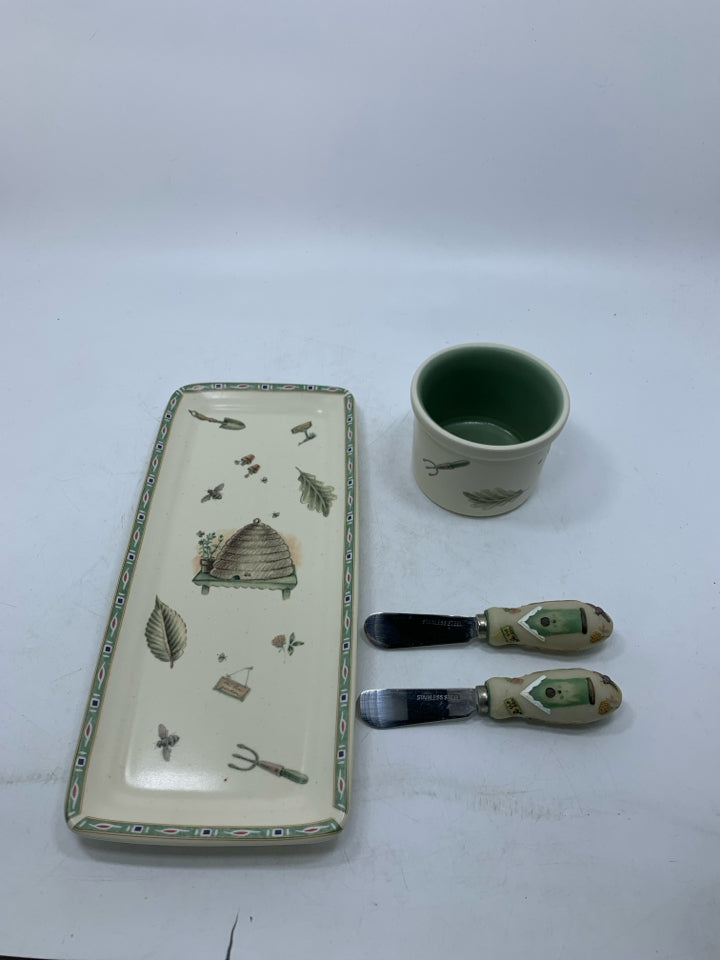 4 PC CHEESE PLATE W/ BOWL & 2 SPREADERS GARDEN THEMED.