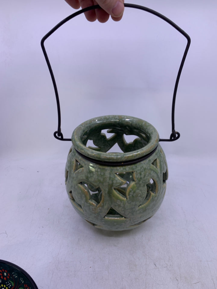 LIGHT GREEN CERAMIC PIERCED SPHERE LANTERN TEA LIGHT.