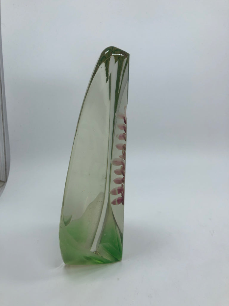 ETCHED PINK FLOWER TALL GLASS FIGURINE.