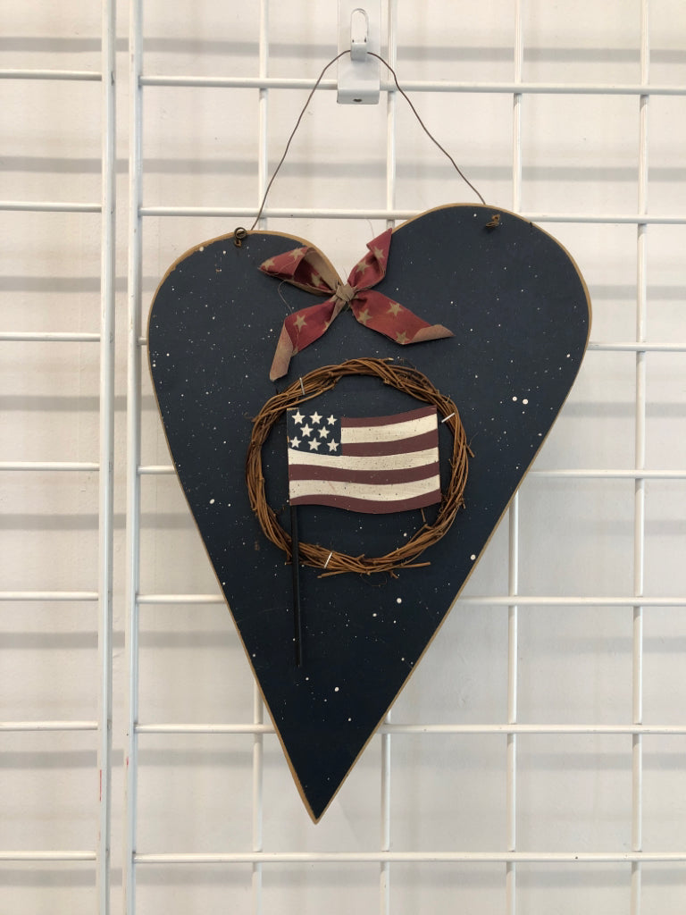 PRIMITIVE BLUE HEART AMERICAN FLAG WALL-HANGING.