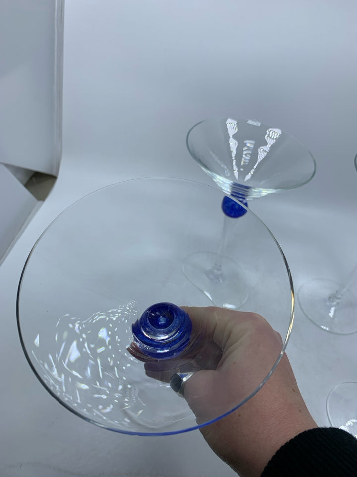 4 MARTINI GLASSES W/ BLOWN GLASS BLUE BALL.