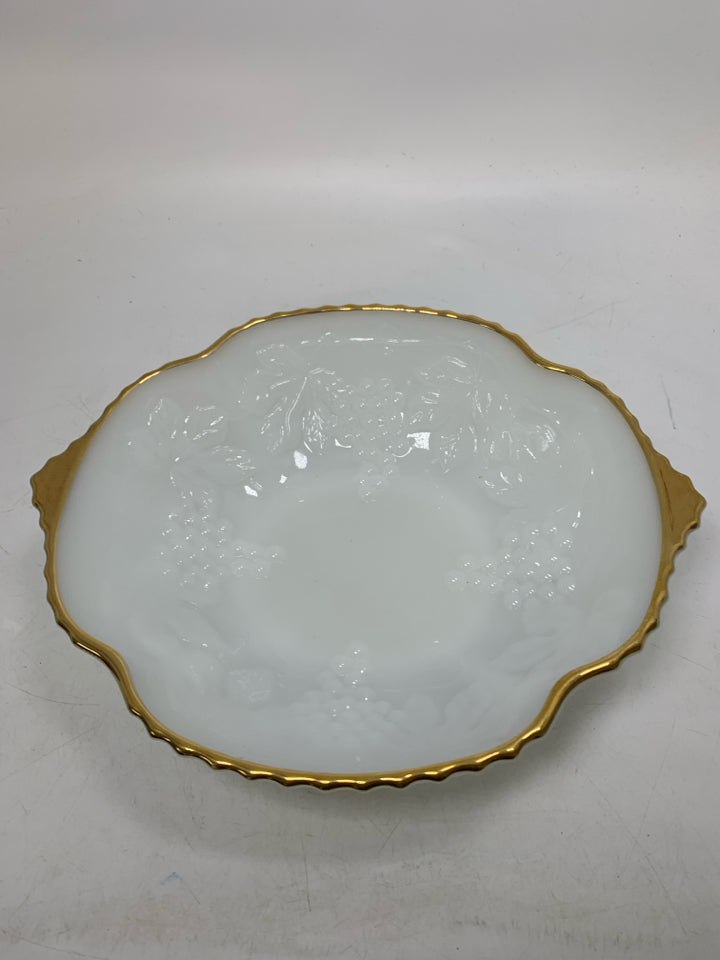 VTG MILK GLASS EMBOSSED GRAPES BOWL W/ GOLD EDGES.