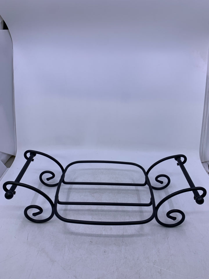 WROUGHT IRON SQUARE BASKET STAND W/ SCROLL HANDLES.