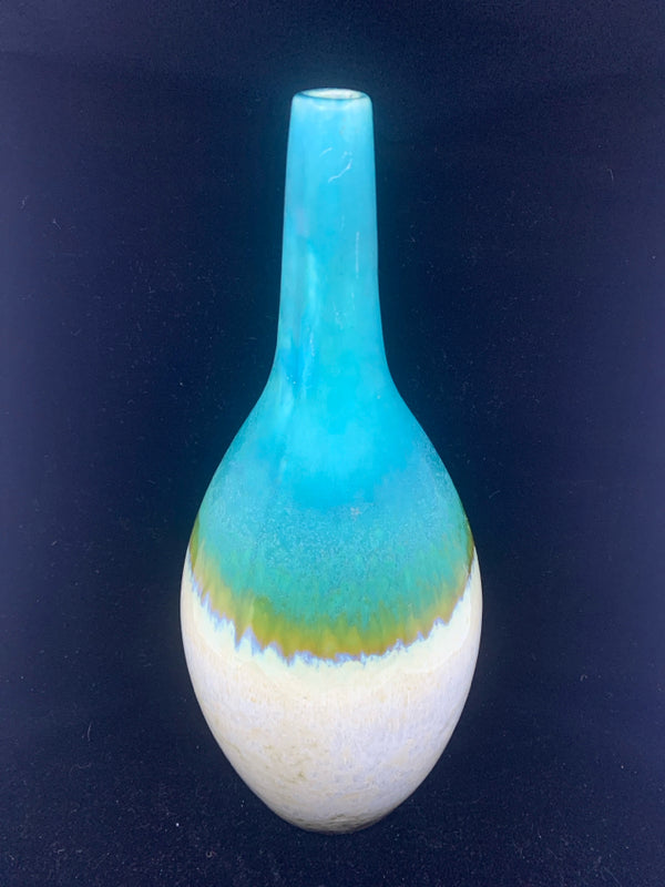 CREAM GOLD AND TEAL THIN TOP VASE.