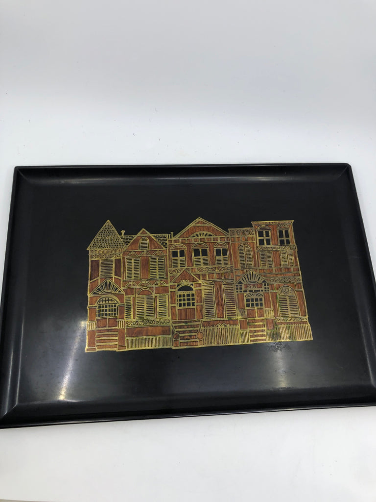 VTG BLACK RECTANGLE TRAY W CARVED CITY SCAPE.