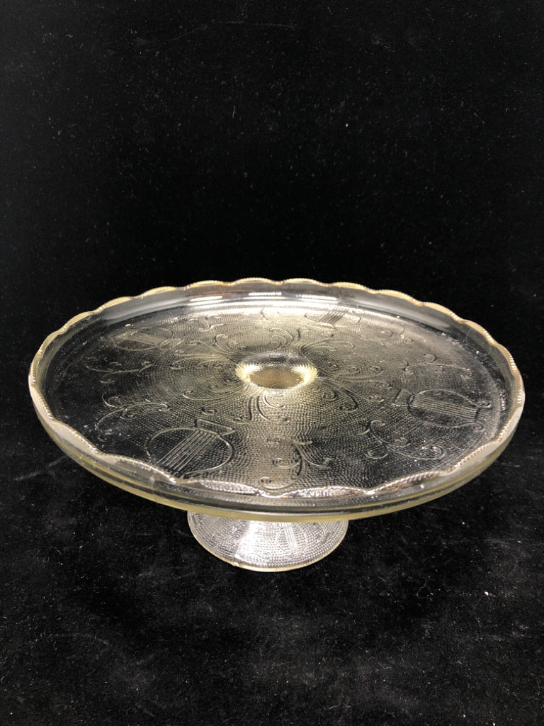 VTG GLASS CAKE STAND W/TEXTURED DETAILING.