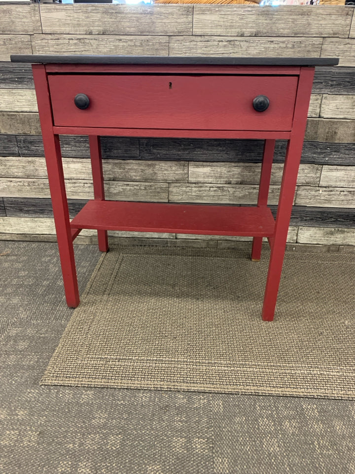 VTG WRITING DESK DRAWER & SHELF W/RED FINISH/BLACK TOP.