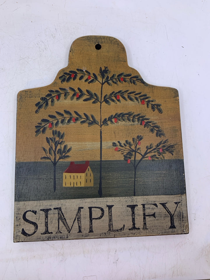 WOOD SIMPLIFY WALL ART W/ YELLOW HOUSE TREES.
