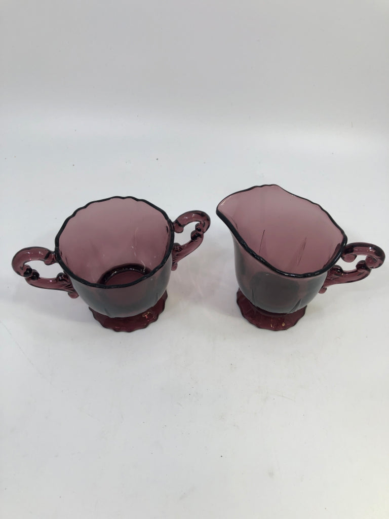 VTG PURPLE GLASS SUGAR AND CREAMER SET.