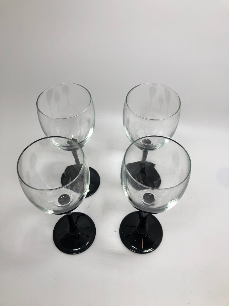 4 BLACK STEMMED CORDIAL GLASSES MADE IN FRANCE.