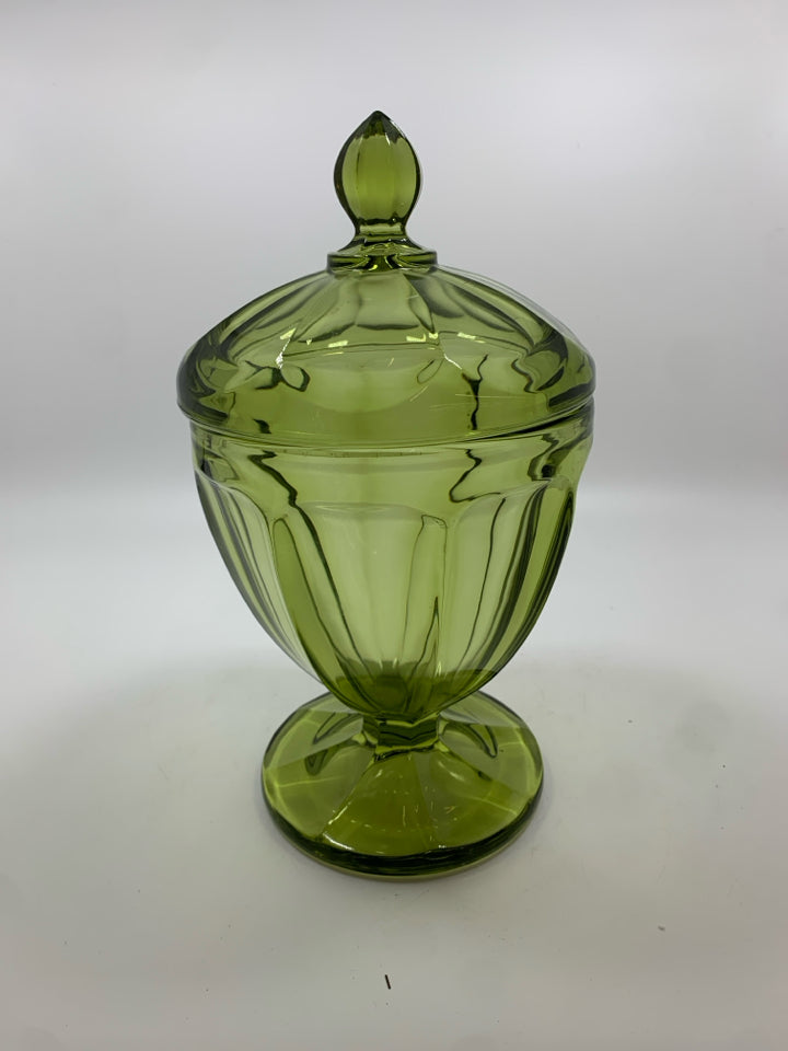 VTG THICK GREEN GLASS FOOTED COVERED DISH.