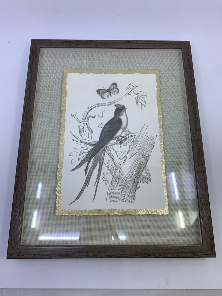 BIRD ON BRANCH W/GOLD BORDER IN GRAY WOOD FRAME WALL HANGING.