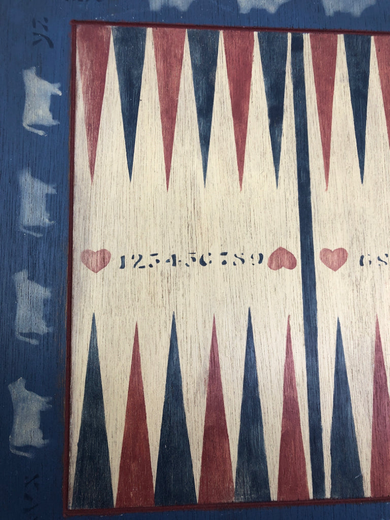 BLUE AND RED DECORATIVE PRIMITIVE GAME BOARD.