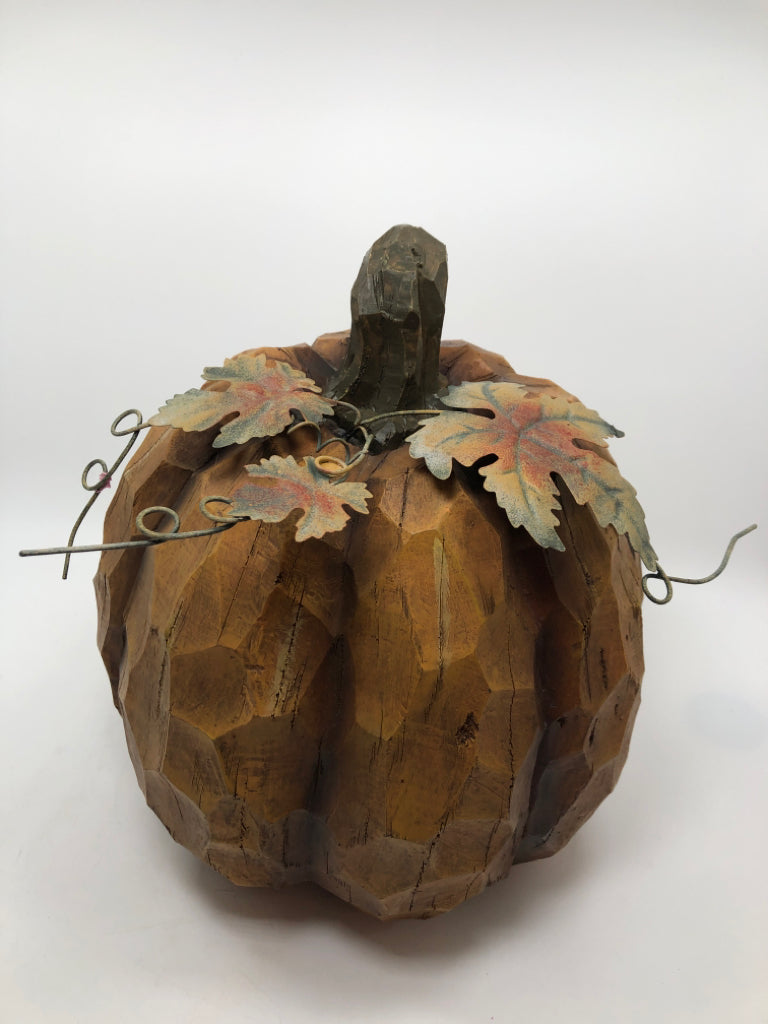 RESIN CARVED STYLE PUMPKIN W/METAL LEAVES.