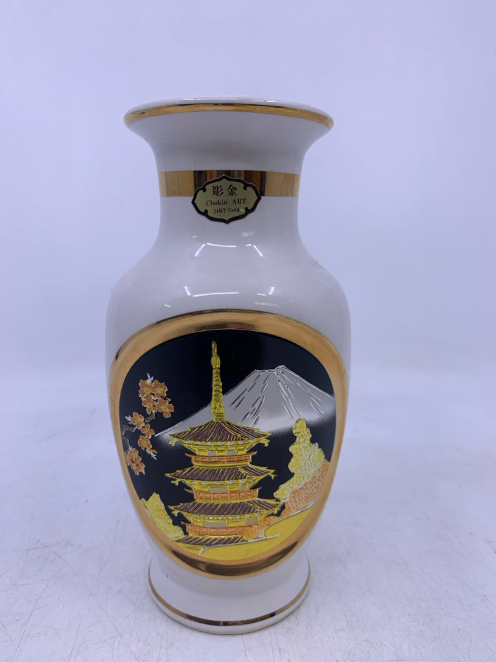 CERAMIC VASE W/ METALLIC BUILDING/ CHERRY BLOSSOMS.