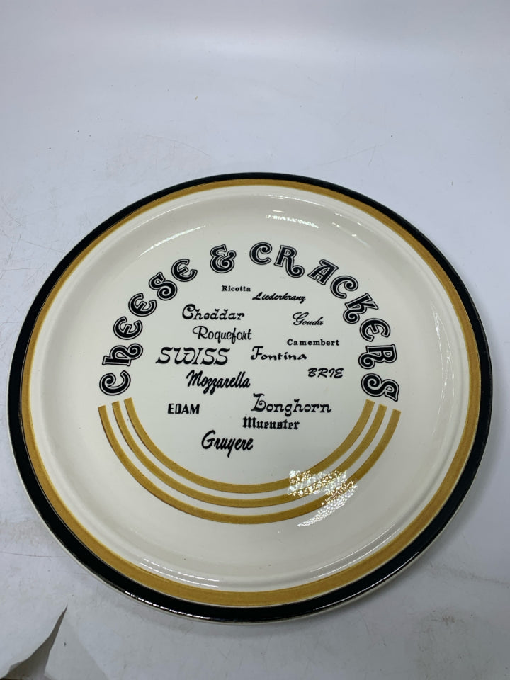 CHEESE & CRACKERS CIRCLE PLATTER W/ ASSORTED CHEESE NAMES.