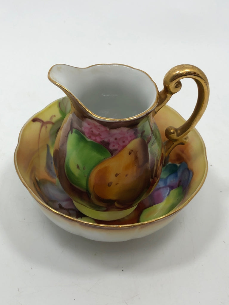 2PC PORCELAIN FRUIT PAINTED PITCHER+BASIN.