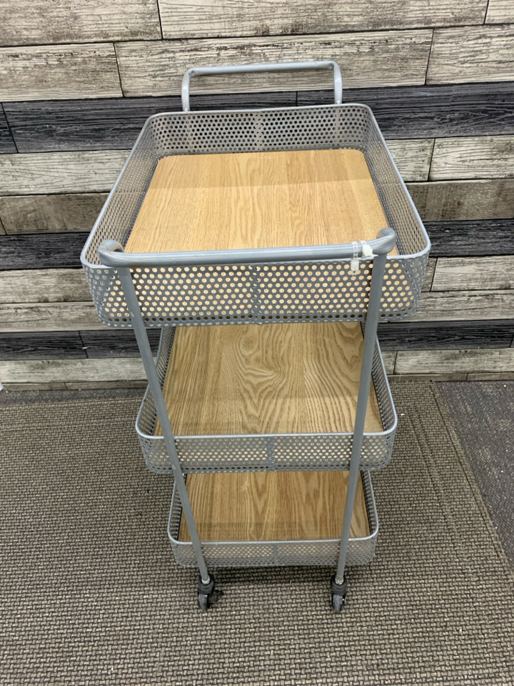 3-TIER ROLLING UTILITY CART W/METAL AND WOOD INSERTS ON THE SHELVES.