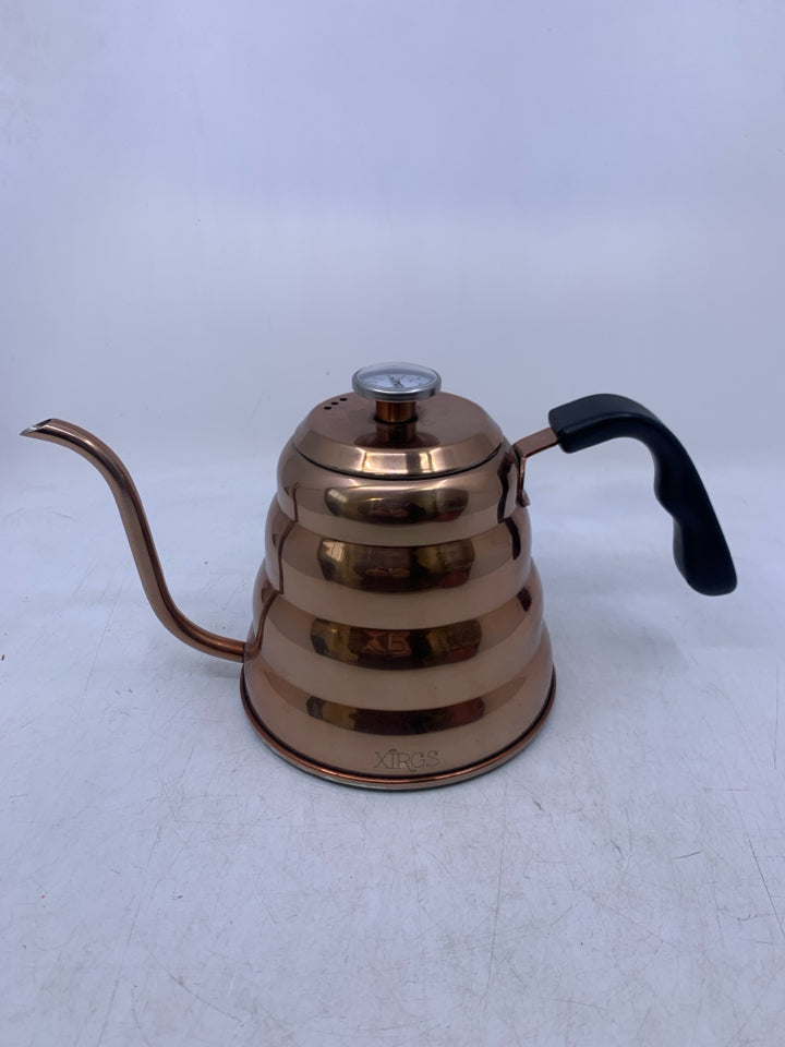 STAINLESS STEEL COPPER COLORED GOOSENECK W/ THERMOMETER BEE HIVE KETTLE.