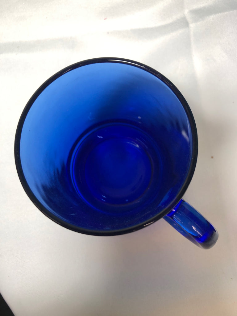 4 COBALT BLUE GLASS MUGS.