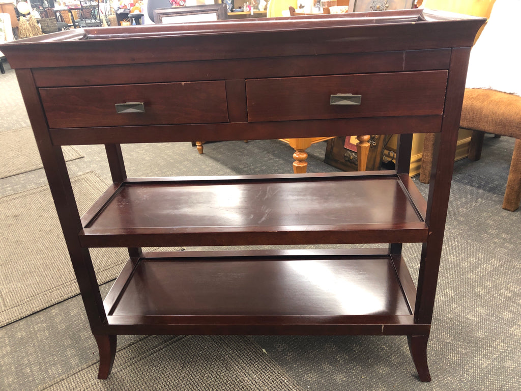 DK WOOD BUFFET TABLE, 2 DRAWERS SHELVES, REMOVABLE TOP.
