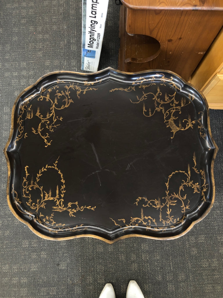 DARK BROWN TRAY TABLE W/ GOLD DETAILS.