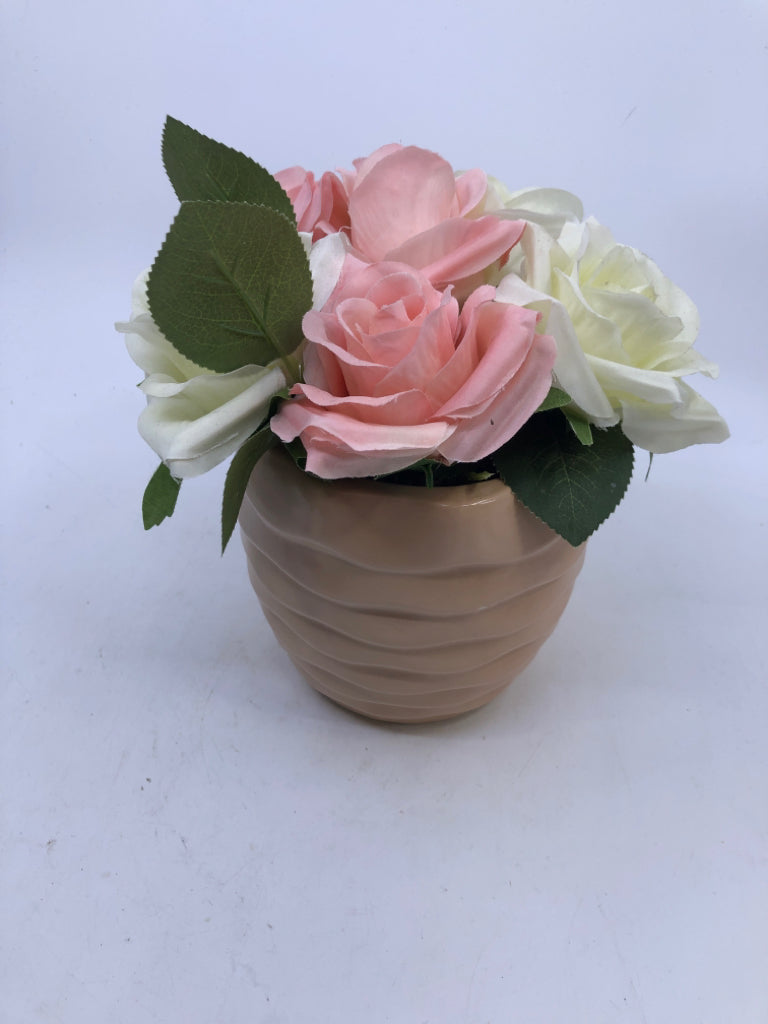 PINK/ WHITE FAUX FLORAL IN PLANTER.