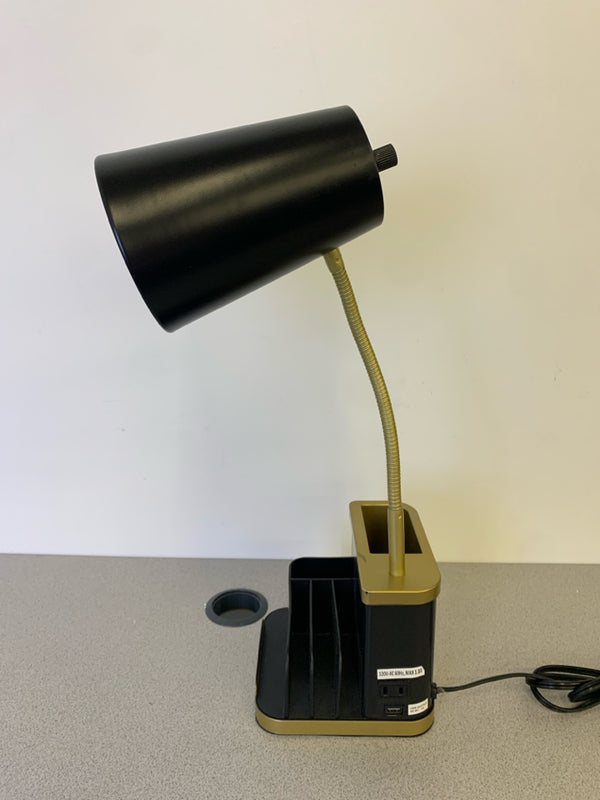 BLACK AND GOLD DESK LAMP WITH STORAGE.