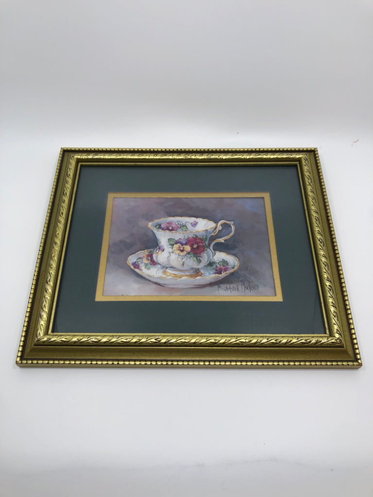 TEACUP PAINTING IN GOLD FRAME.