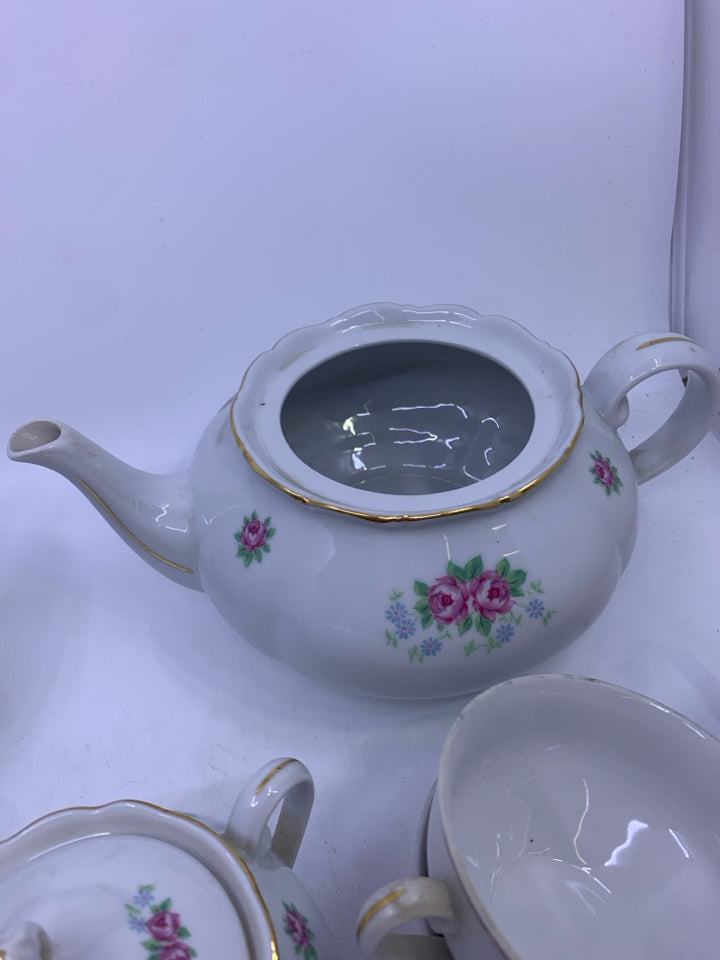 15 PC TEA SET WHITE WITH PINK FLORAL ROSE GOLD ACCENT.
