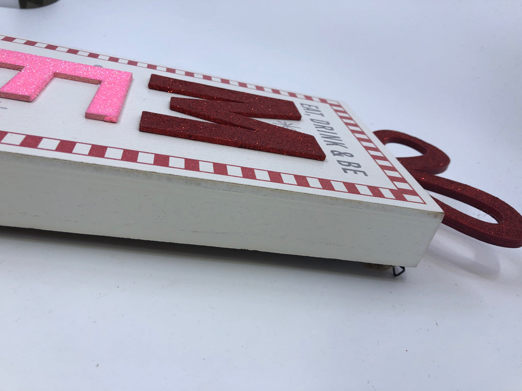 WHITE AND RED MERRY PRESENT STYLE SIGN.