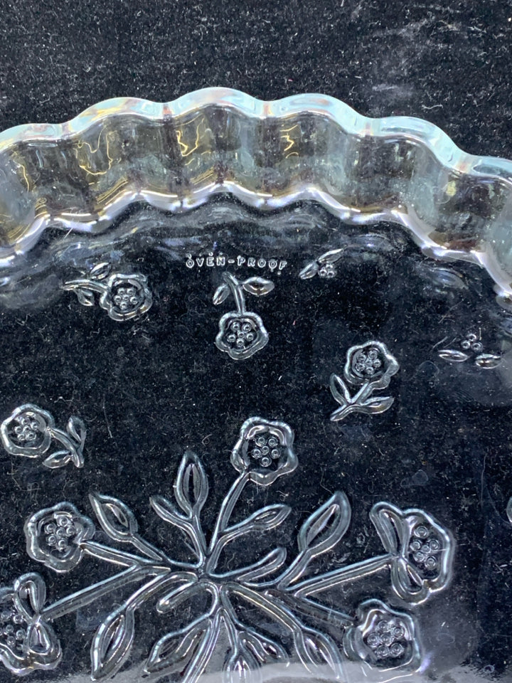 GLASS PIE DISH W/ EMBOSSED FLOWERS.