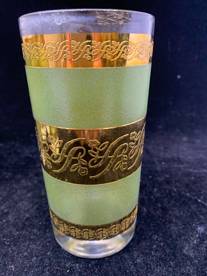 6PC GREEN+GOLD CULVER STARLYTE HIGHBALL GLASSES.