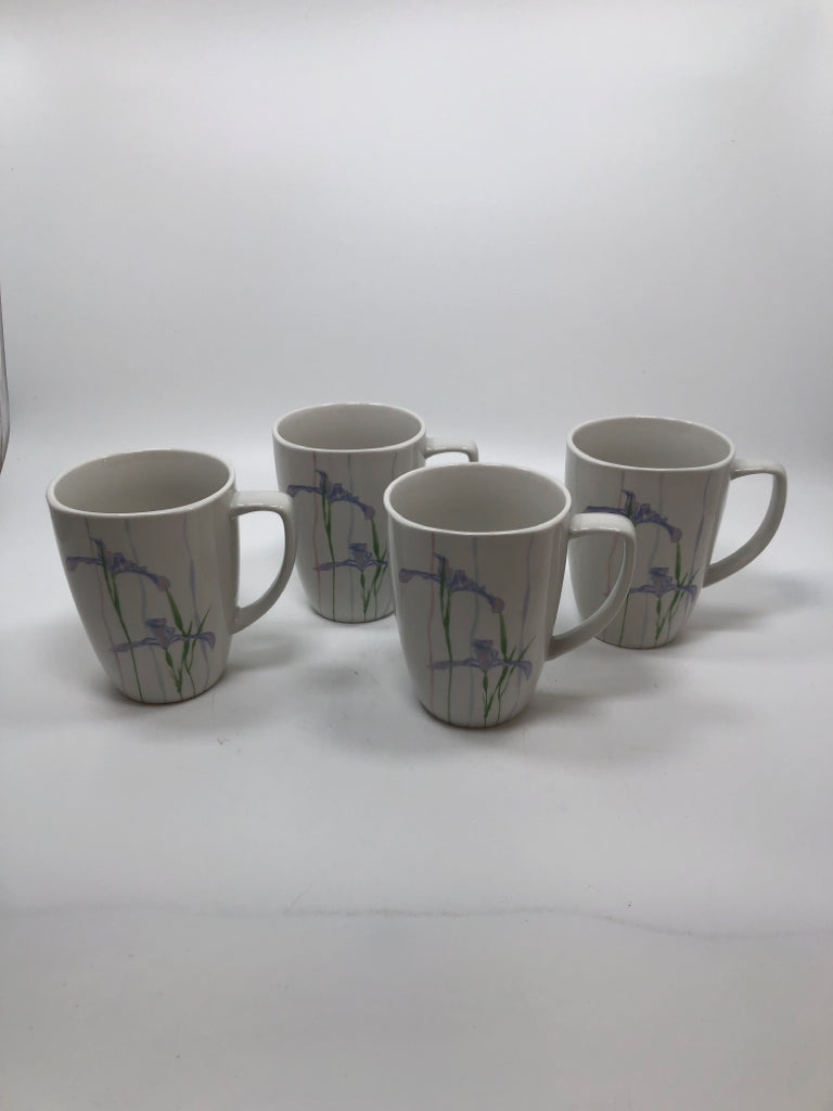 4 PURPLE IRIS CORELLE COFFEE MUGS.