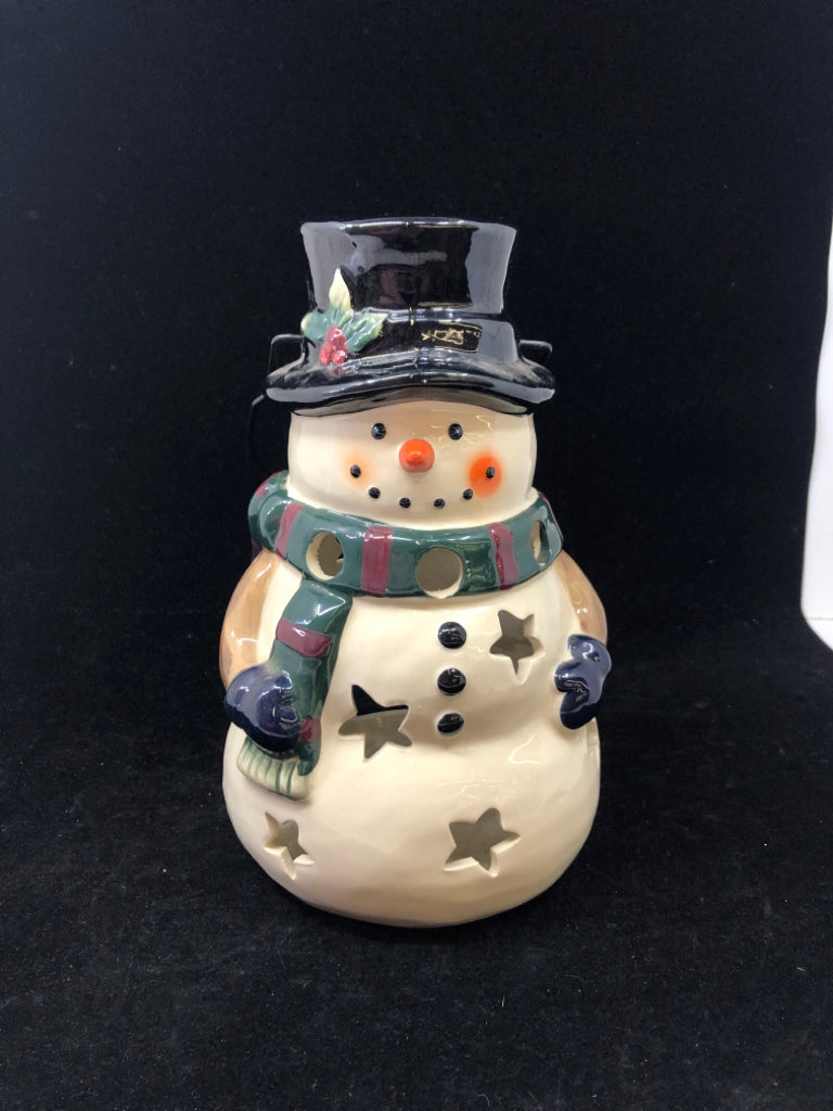 LARGE SNOWMAN TEA LIGHT HOLDER W/WIRE HANDLE.