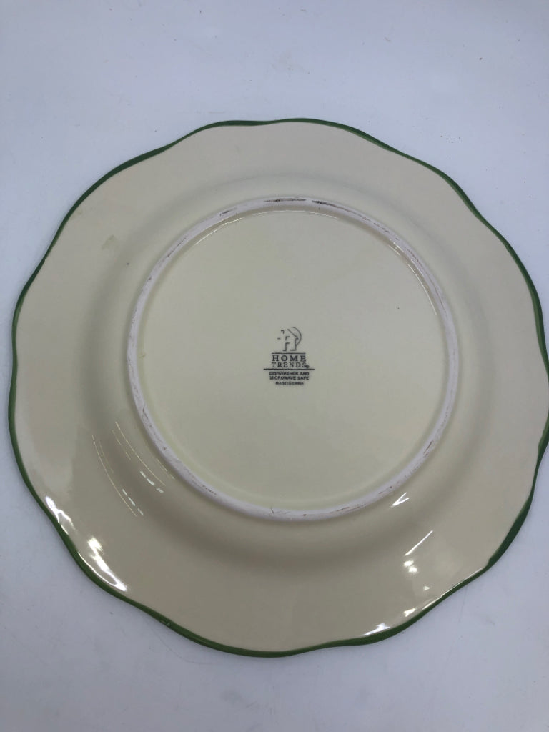 6 GREEN W PINK FLORAL DINNER PLATES.