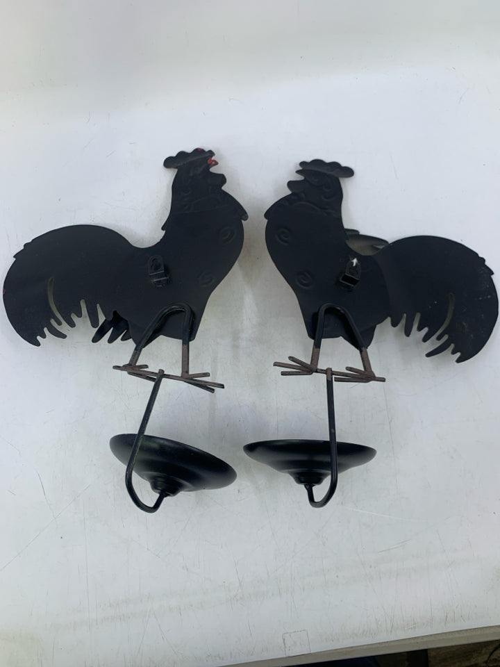 2 METAL ROOSTER PILLAR CANDLE HOLDERS WALL HANGINGS.