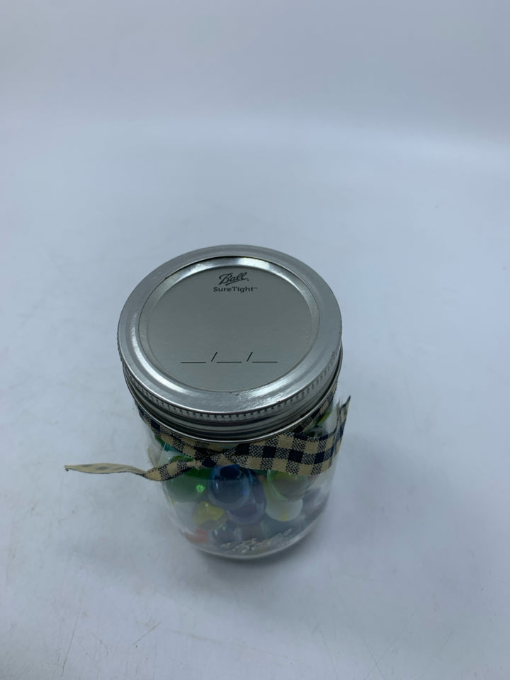 GLASS MASON JAR W/ MARBLES.