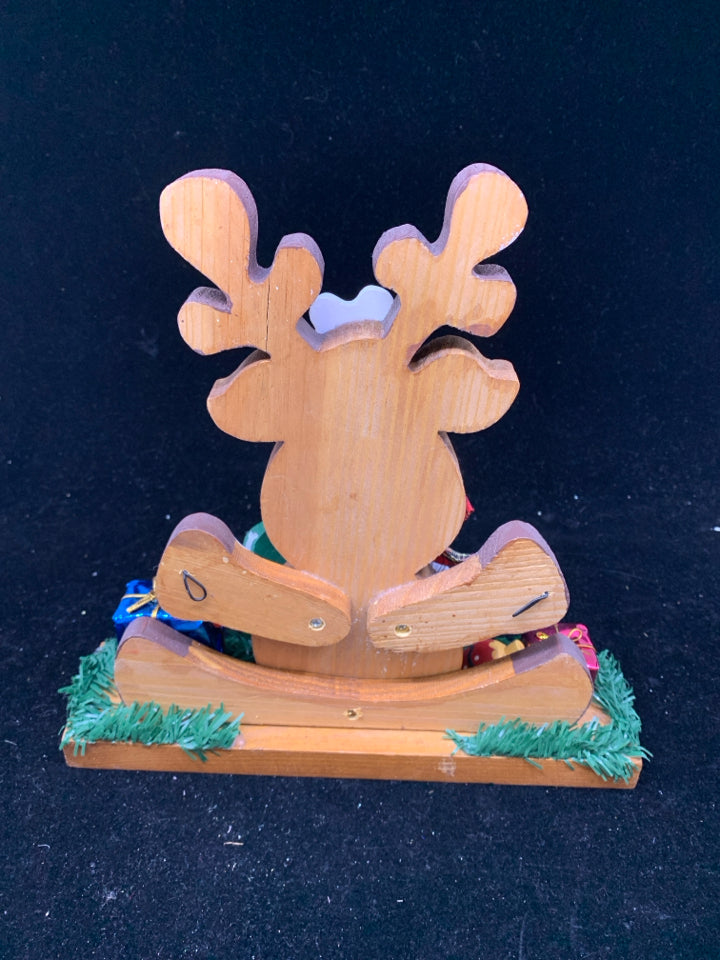 WOOD SITTING RUDOLPH WITH GIFTS.