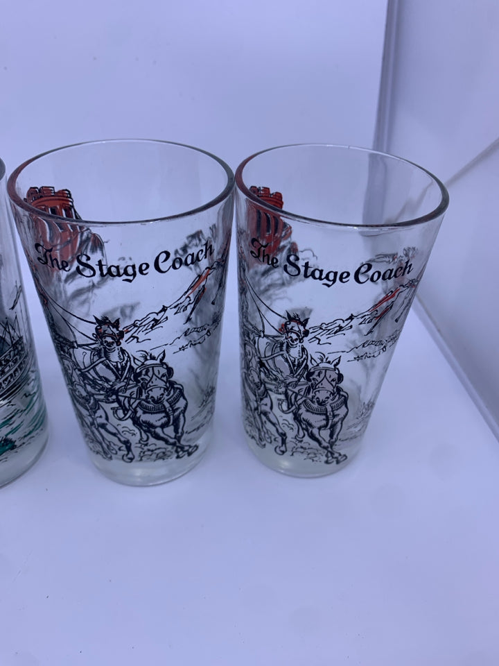 6 VTG TUMBLER GLASSES W SCENES IN GOLD METAL CARRIER.
