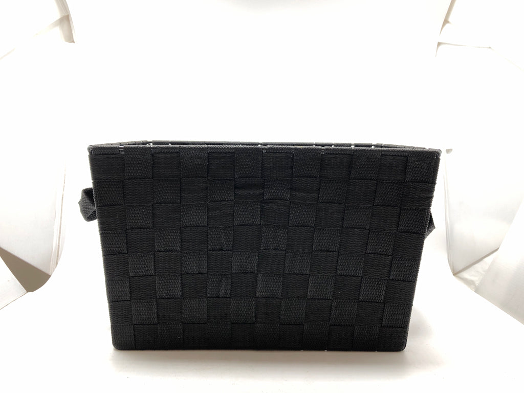 BLACK FABRIC WOVEN STORAGE BIN.