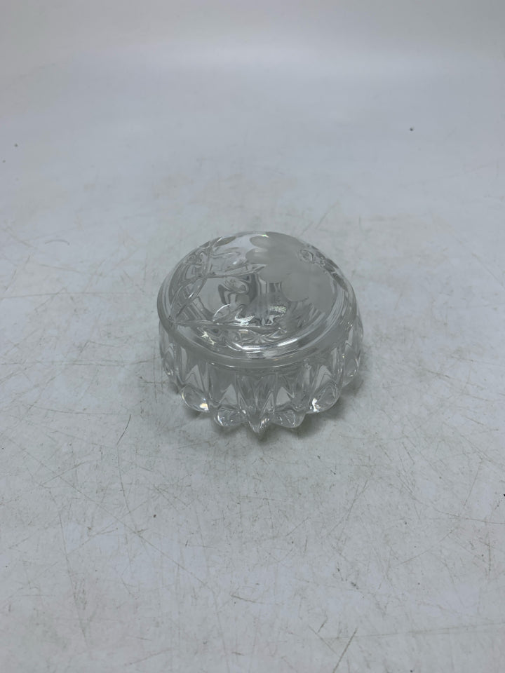 GLASS TEXTURED TRINKET BOX W/ ETCHED FLOWER.