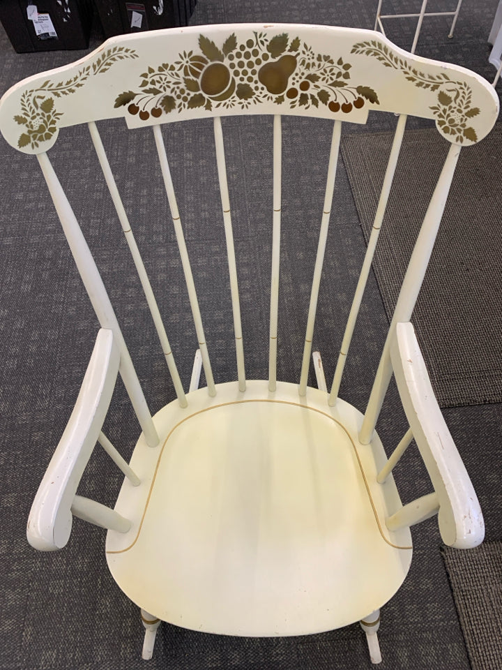 VTG WOOD ROCKING CHAIR W/GOLD PAINTED FRUITS.