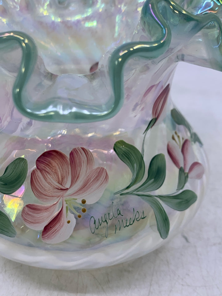 90TH ANNIVERSARY OPALESCENT SPIRAL OPTIC BASKET PAINTED FLOWERS.