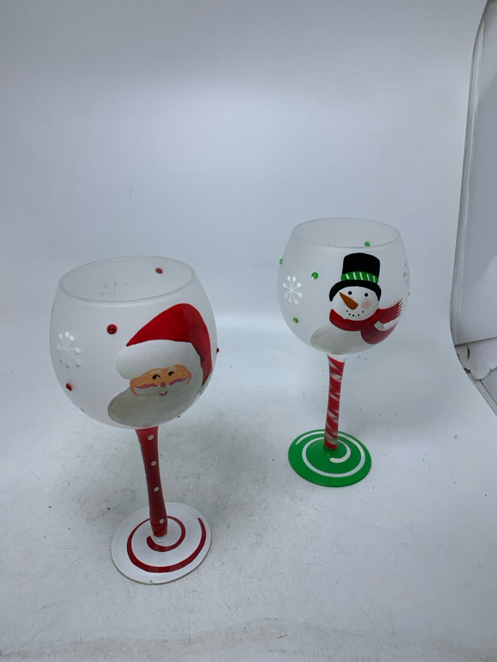 2 PAINTED SANTA/SNOWMAN WINE GLASSES.