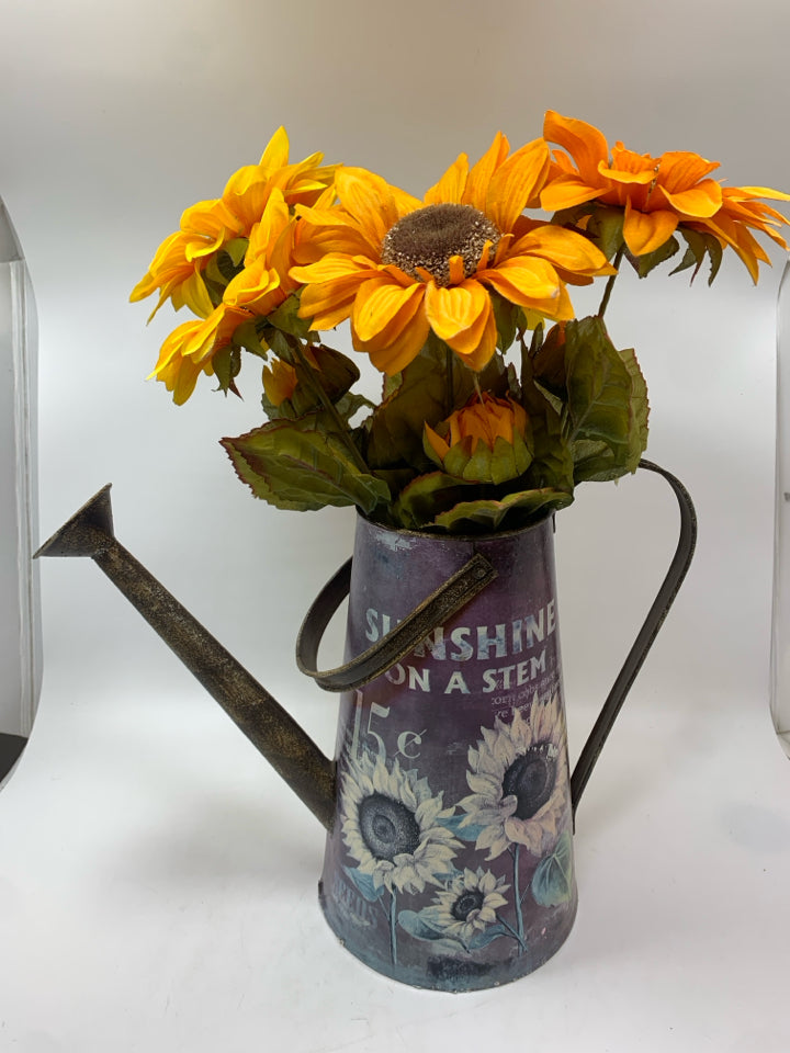 FAUX SUNFLOWERS IN METAL SUNFLOWER WATERING CAN.