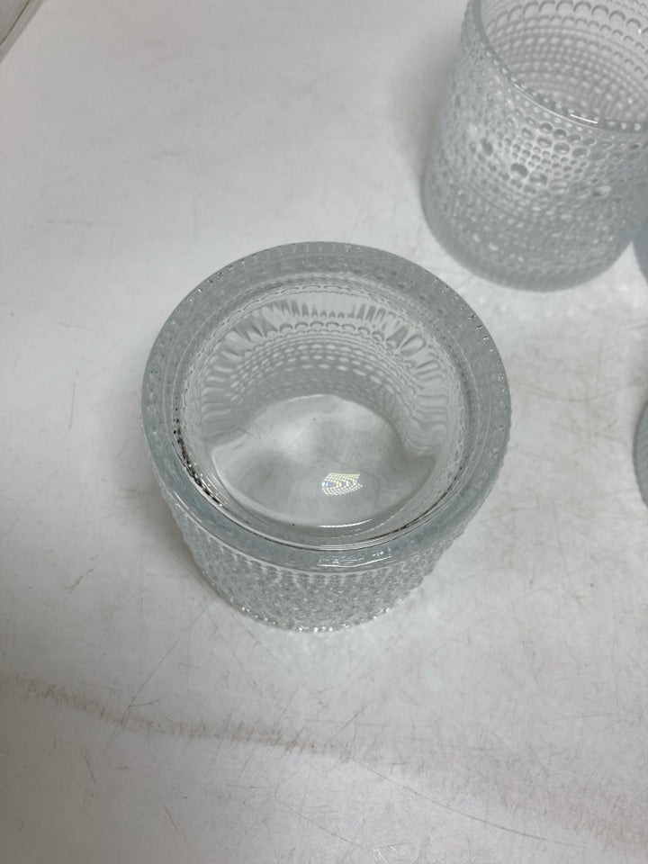 4 GLASS BEADED JUICE GLASSES.